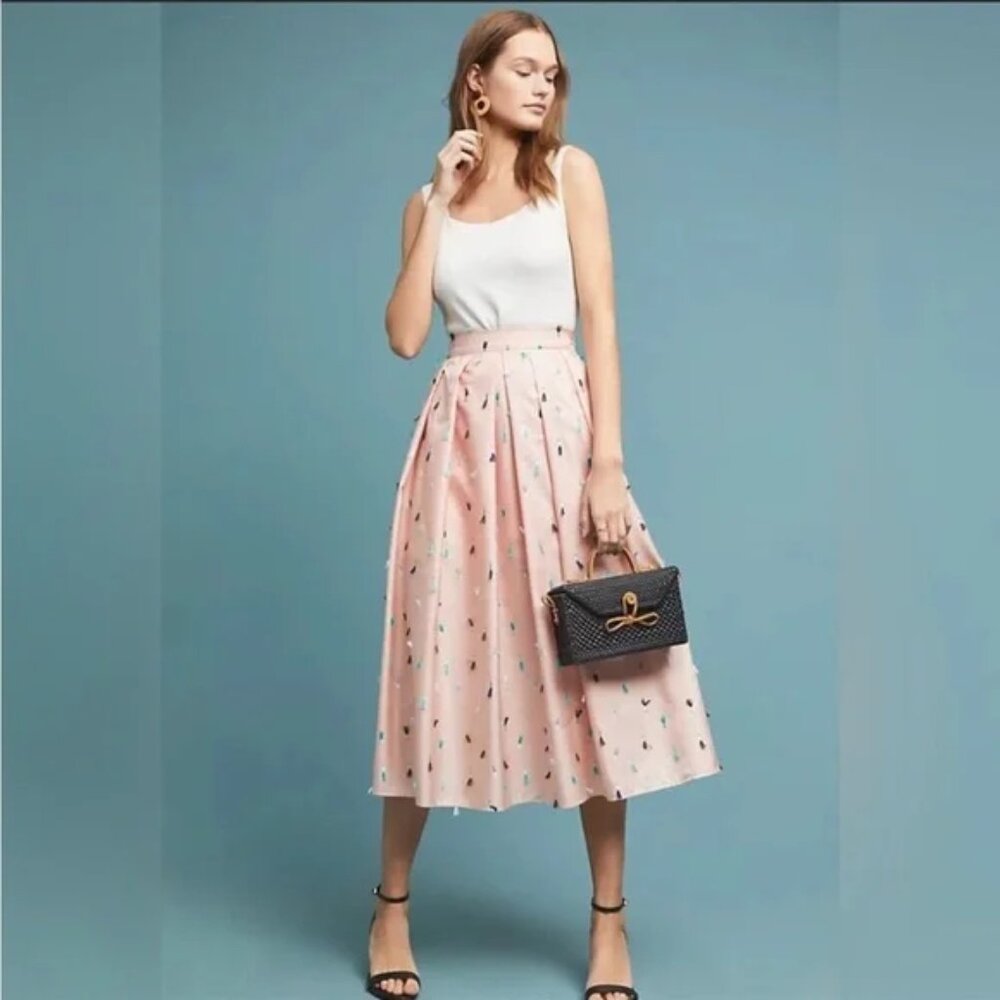 Anthropologie pink Midi skirt with blue embroidered embellishments